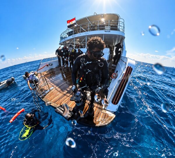 Scuba divers entering the water from the back platform of a dive boat with an Egyptian flag in the Red Sea