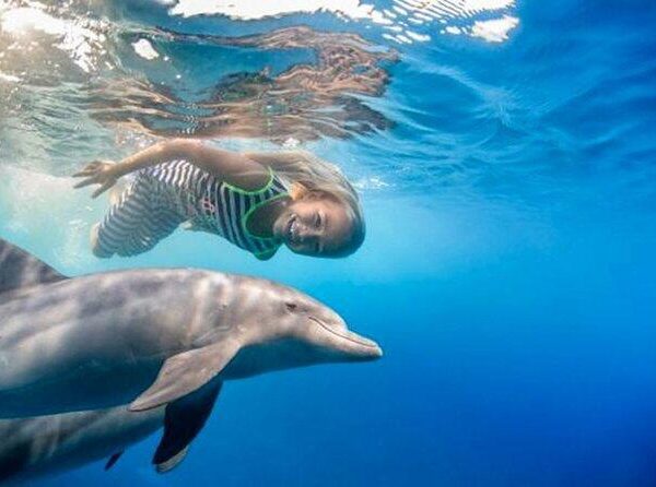 Smiling young girl swimming underwater next to a dolphin in clear blue water